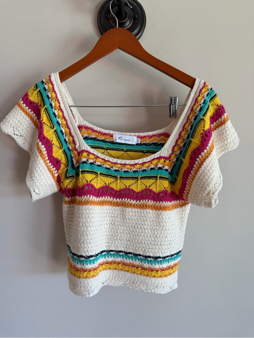 Miracle Crochet Knit Top Womens Large Multi Color Striped Square Neck Boho 7414